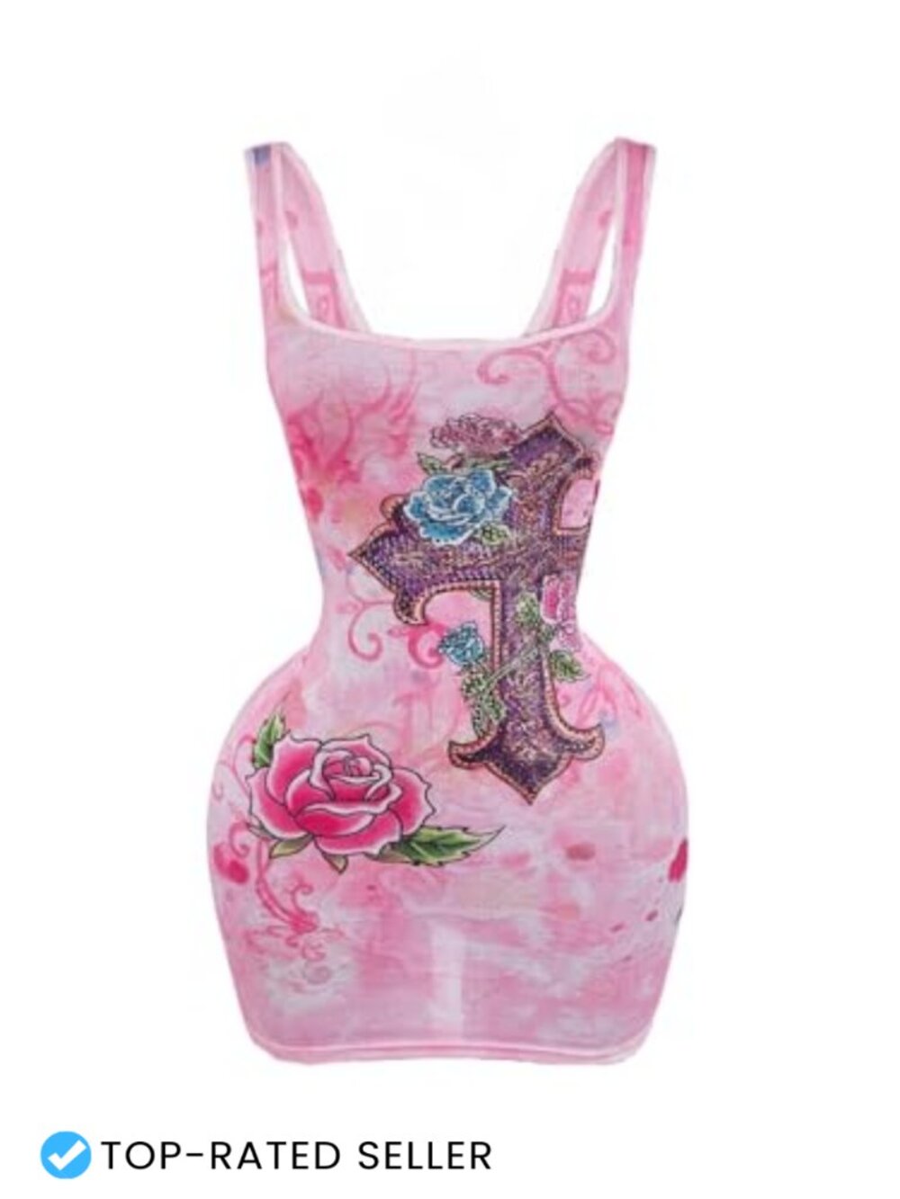Rhinestone Floral Bodycon Mini Tank Dress Square Neck Sleeveless